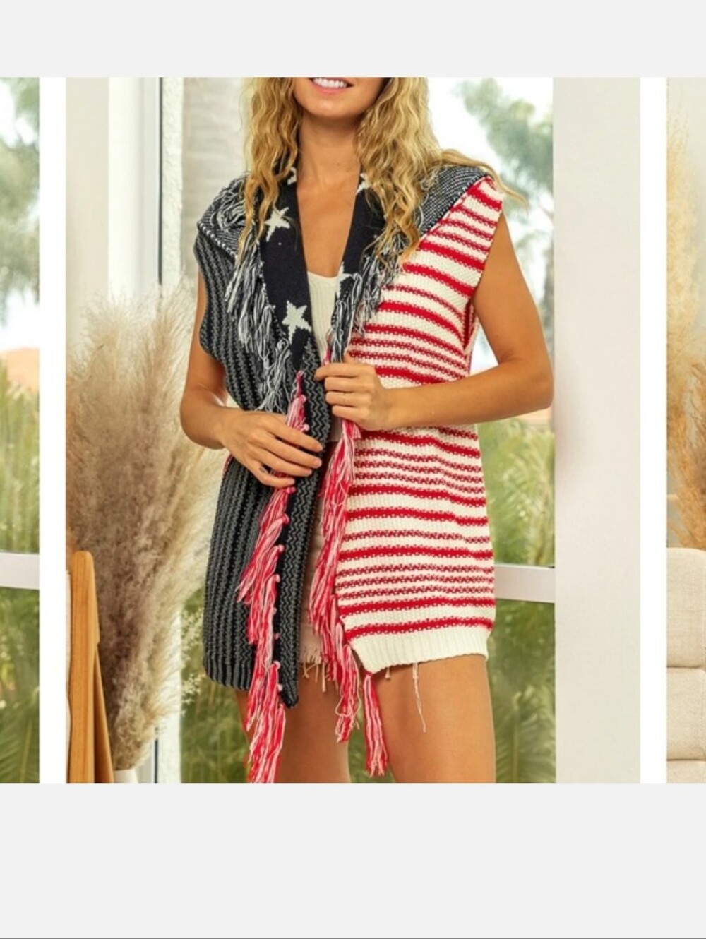166 BiBi Red, White, and Blue Knit Vest with Fringe
